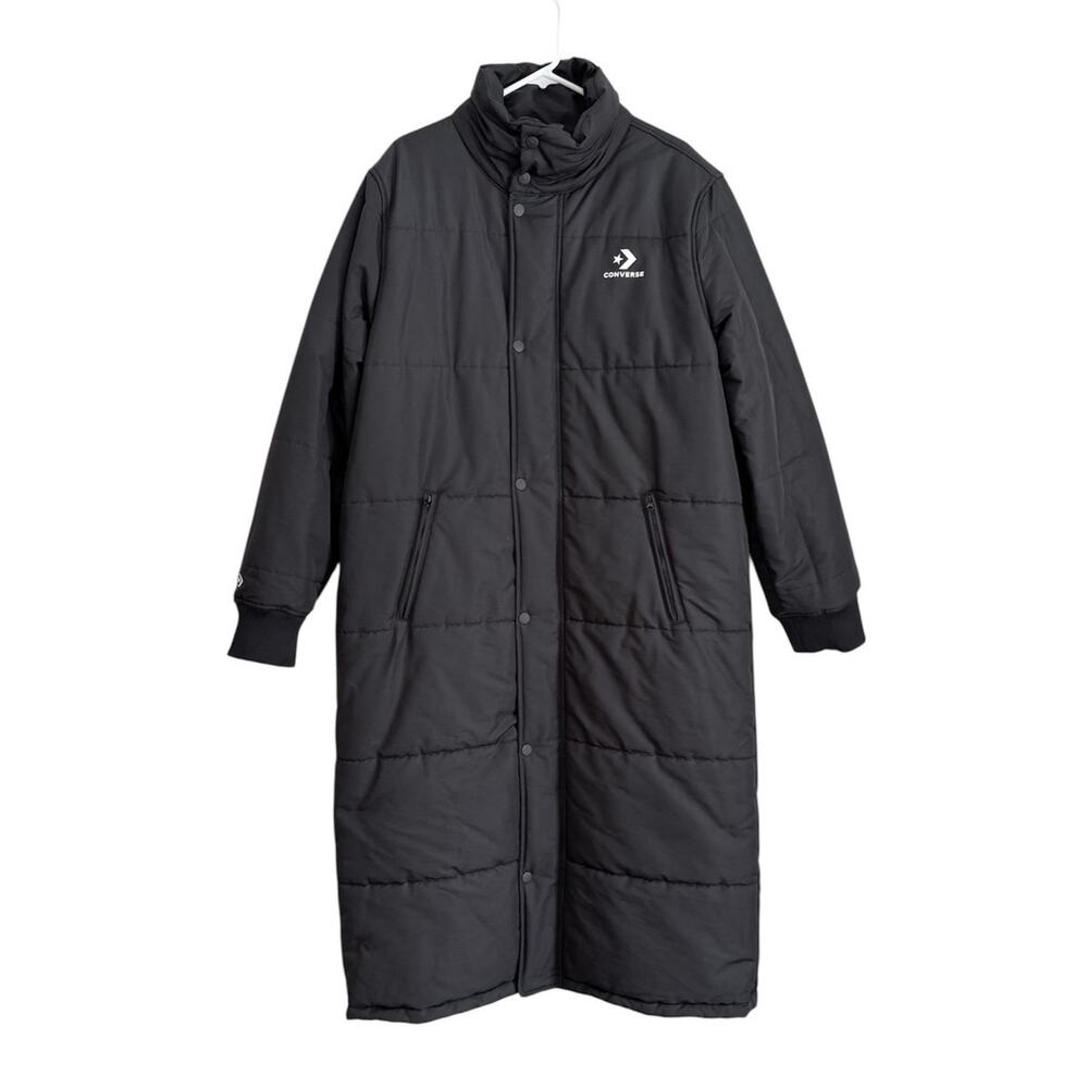 Converse Women's Long Puffer Coat Black Winter Zip Up Snap Outerwear Size XL